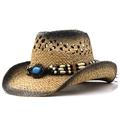 Western straw cowboy hat with turquoise beads and breathable mesh crown on white background - Adjustable / Khaki Black Gradient