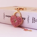 Pink heart padlock keychain with sparkling rhinestones and matching key charm - Pink