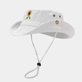 White cotton sun hat with sunflower embroidery, wide brim and adjustable wind rope - White