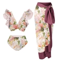 Three-piece floral bikini set with ruffle shoulders and matching sarong skirt wrap - S / Ruffle Three-Piece Set