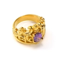 Detail showing vintage gold crown ring with a purple oval gemstone and intricate relief - Gold Purple Zirconia