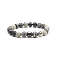 Men's 8mm natural marble stone beaded bracelet with grey metal cylinder accent - Black Network Stone