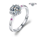 Adjustable S925 silver ring featuring a six-claw zircon main stone and pink side gems - Adjustable Open / Diamond Flower Halo with Side Stones (1 Carat Effect)