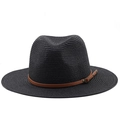 Detail of black straw fedora with brown faux leather band and metallic buckle accent - Black