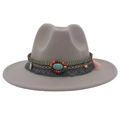 Close-up of bohemian grey felt hat with turquoise beads and tassel decoration - Light Gray