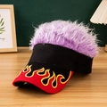 Black sun visor with red flame embroidery and purple synthetic wig hair detail - Black + Purple Hair