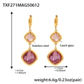 Czech glass drop earrings in pink and purple with 18K gold stainless steel frames - Gold Purple Glass