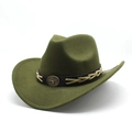 Detail of army green felt cowboy hat featuring a brown leather band and bull metal emblem - M(56-58cm) / Army Green