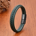 Classic green braided leather bracelet for men and women with black magnetic steel clasp - 19cm / Green/Black Clasp