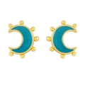 Close-up of 18K gold moon earrings with sky blue enamel and micro-bead detailing - Green