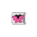 Silver stainless steel charm link with a pink enamel butterfly for DIY modular bracelets - Pink Butterfly Style (Y263)