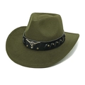 Detail of olive green cowboy hat showing black leather band with metal bull head buckle - M (56-58cm) / Army Green