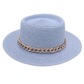 Macro detail of a blue boater straw hat with stylish decorative gold acrylic chain - One Size / Sky Blue (with Acrylic Chain Decor)