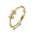 Elegante anillo de plata esterlina S925 con lazo dorado y circón brillante - Chapado en Oro de 14K / Circonia / Abierto Ajustable / Dorado