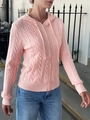 Casual pink cable knit zip-up hoodie with drawstring and front pockets for autumn and winter - S / Pink
