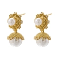 Elegant U-shaped gold plated copper pearl drop earrings with crystal pavé details - VE1220 Vintage Pearl Drop / Gold