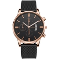 Detail of Geneva chronograph watch with rose gold case, date display and textured strap - Rose Gold Case Black Dial Black Silicone Strap
