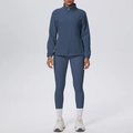 Vooraanzicht blauwe fleece sportset met jas met rits en yoga legging met hoge taille - S / Marineblauw