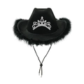 Close-up of black felt cowboy hat featuring silver rhinestone crown and feather trim - Black Feather / Adult Size (58cm)