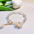 Exquisite pearl and sea blue beaded bracelet with white flower charms and gold accents - S017-white Lily Of The Valley Bracelet #sz185