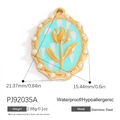 Pendentif ovale en acier inoxydable avec motif tulipe bleue et bord perlé - Style Tulipe Cyan (PJ92035A) / Or