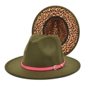 Close-up of olive green fedora hat featuring pink leather band and leopard print lining - M (56-58cm) / Army Green
