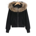 Detail of a black hooded sweatshirt featuring a premium detachable brown faux fur collar - S / Black