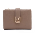 Detail of a brown lychee pattern leather wallet with a golden tulip metal buckle lock - Camel
