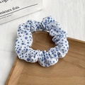 Floral scrunchie with blue polka dots on white sheer fabric hair accessory - 16# White Dark Blue Polka Dot