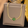 Golden clover pendant necklace with green heart gems on snake chain in gift box - [XLH1143] Green Zirconia Heart Necklace Gold