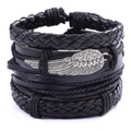 Bracelet multicouche en cuir tressé noir pour homme avec breloque aile argentée élégante - Plume/Aile