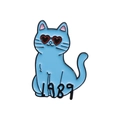 Blue enamel cat brooch with red heart sunglasses and 1989 text on a white background - 1989 Sunglasses Cat (QHXZ404)