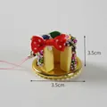 Miniature fake fruit cake charm with red bow and purple berries on gold tray - Simulation Cake Pendant / Red Bow