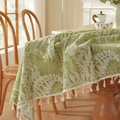 Detail of green linen tablecloth featuring white leaf patterns and fringe tassels - Green Base With White Leaves + Su (anti-pressure) / Diameter 100CM