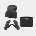 Detailed view of the ribbed knit beanie, scarf, and touch screen gloves with DAD patches - DAD Dark Heather Grey
