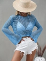 Blue knit flare sleeve hollow out top with summer vacation style and relaxed fit - S / Blue