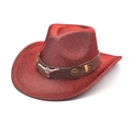 Detail of red glitter cowboy hat featuring a brown leather band and metal bull head buckle - M (56-58cm) / Red