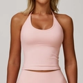 Slim fit halter neck yoga sports bra for women in soft light pink with built-in pads - S / Peach Pink