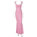 Detail of pink floral midi dress with tie-up straps and front cutout design - S / Pink