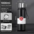 1000ml matte black 316 stainless steel vacuum flask with portable handle and tea filter - 1000ml / Handle Lid + Carrying Rope / Black