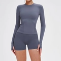 Ensemble de yoga gris anthracite sans couture avec haut à manches longues et short taille haute - S / Haut Et Bas / Manches Longues + Shorts / Gris Bleu