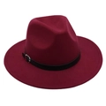 Detailed shot of burgundy wool fedora hat with black leather strap and silver buckle - One Size / Burgundy