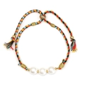 Detail of woven rope bracelet with three white pearls and golden beads on white backdrop - Red Yellow Black Blue Mixed (BE1681GD03)
