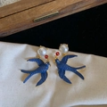 Detail of vintage blue swallow earrings with red rose and white pearl stud hooks - 925 Sterling Silver Earring Post Gold Blue Swallow Rose