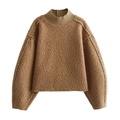 Bruine cropped sherpa pullover met halve coltrui en verlaagde schouderpartij - S / Khaki