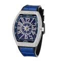 Men's tonneau-shaped quartz watch with iced-out diamond bezel and blue leather strap - Silver Case Blue Strap