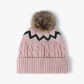 Berretto in maglia rosa da donna con motivi geometrici e un pompon soffice - Taglia unica / Rosa