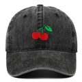 Vintage washed dark grey cotton baseball cap featuring red cherry embroidery on front - Adjustable / Black