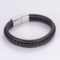 Pulsera de hombre de cuero trenzado marrón de doble capa con cierre magnético de acero plateado - Marrón