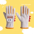 Grey children's winter ski gloves with orange accents and cartoon monster pattern - Cartoon Monster Beige
